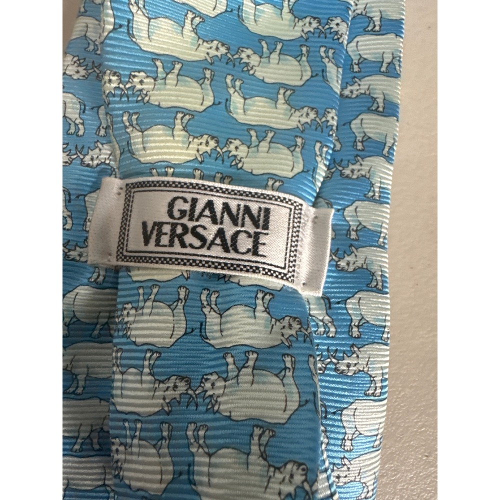 Gianni Versace Mens Silk Tie Light Blue White Rhinoceros Animal Print Italy - Picture 2 of 6